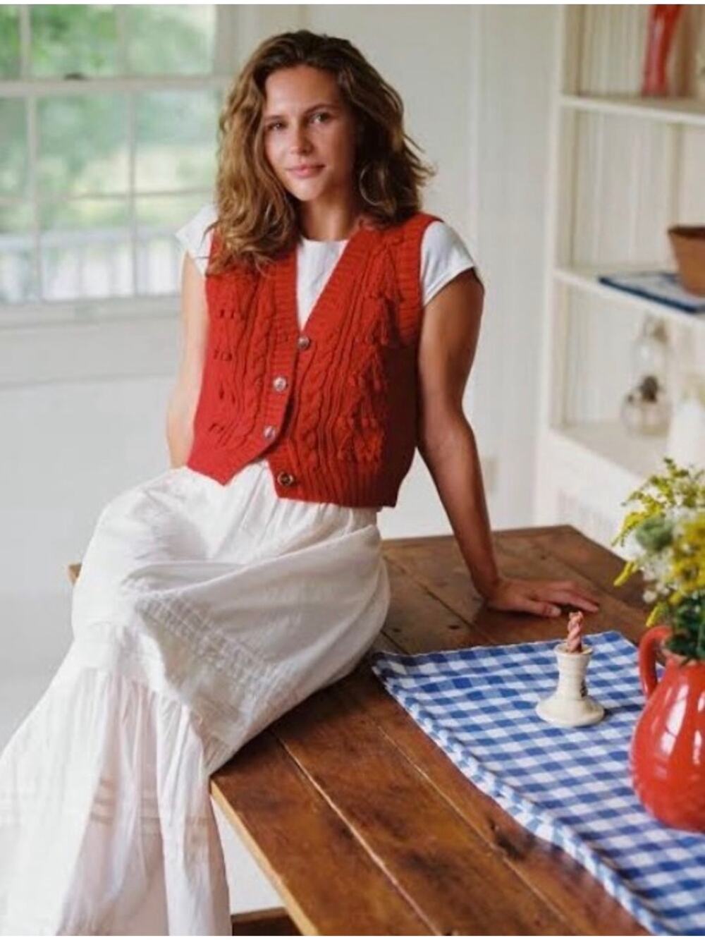 Christy Dawn Classic Alpaca Wool Cable Knit Button Front Sweater Vest in Red - S